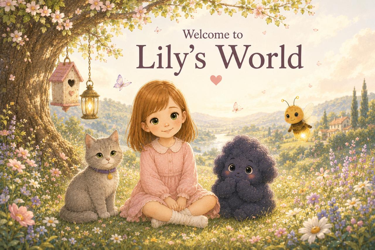 Lily, Mio, Shadow and Firefly together in a bright flower meadow